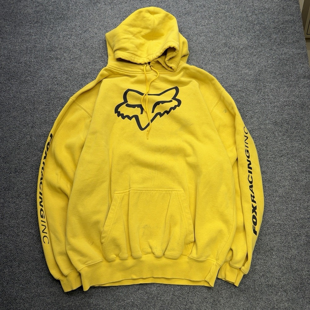 Fox Racing Hoodie Large Men's Y2K Yellow/Black Faded Biker Skater